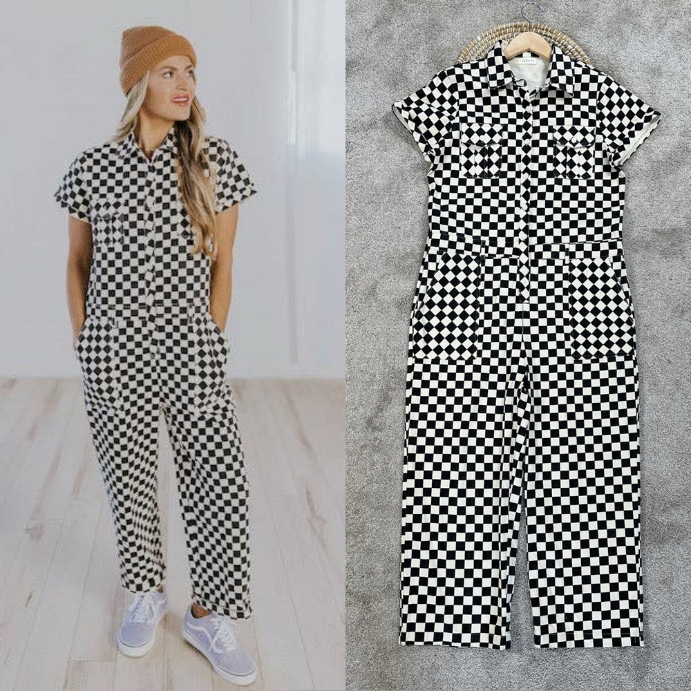 Roolee Black and White Checkered Short-Sleeve Jumpsuit Sz Medium!